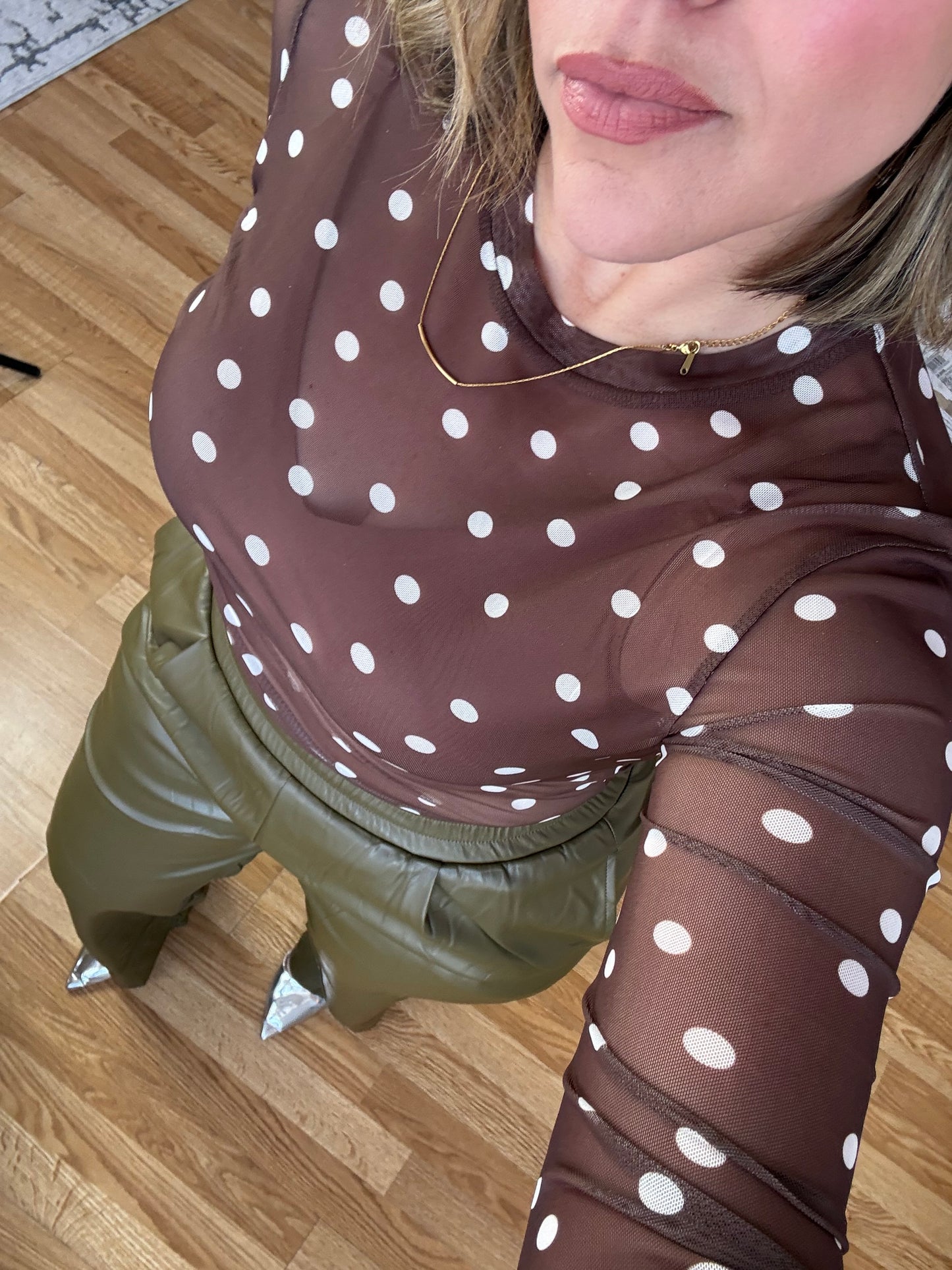 Brown Polka Dot Mesh Top