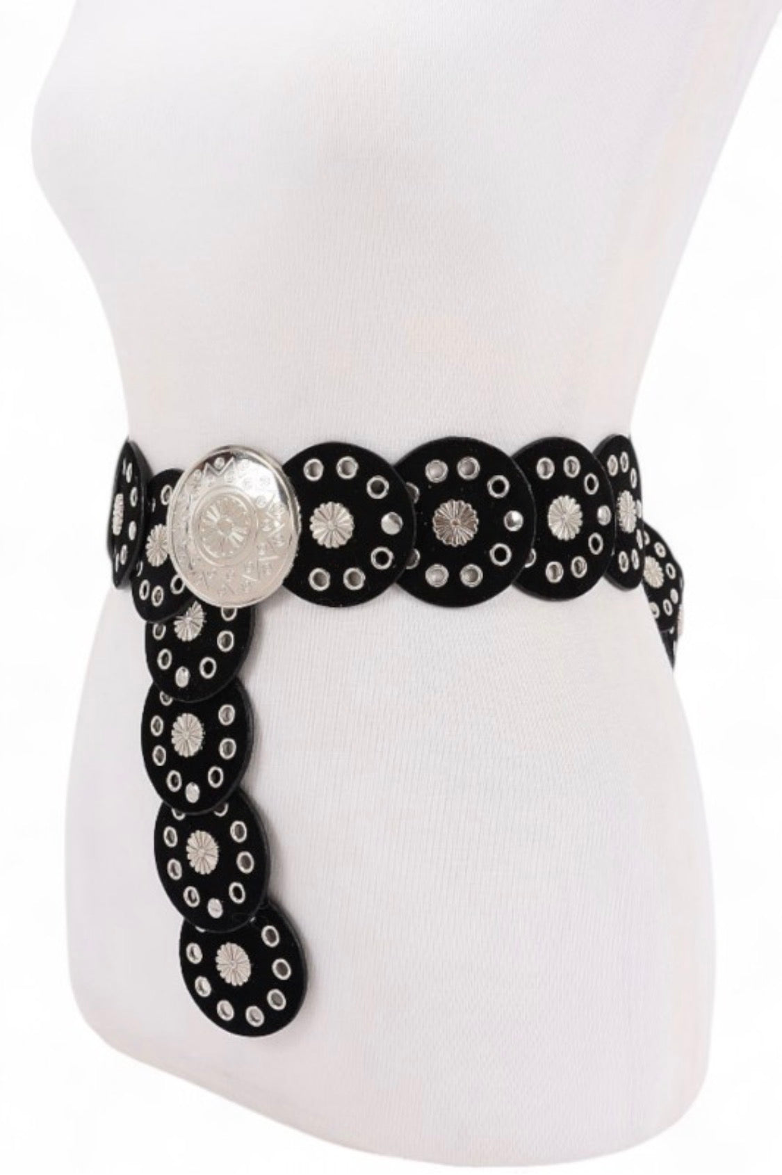 Engraved Round Buckle Studded Western Belt