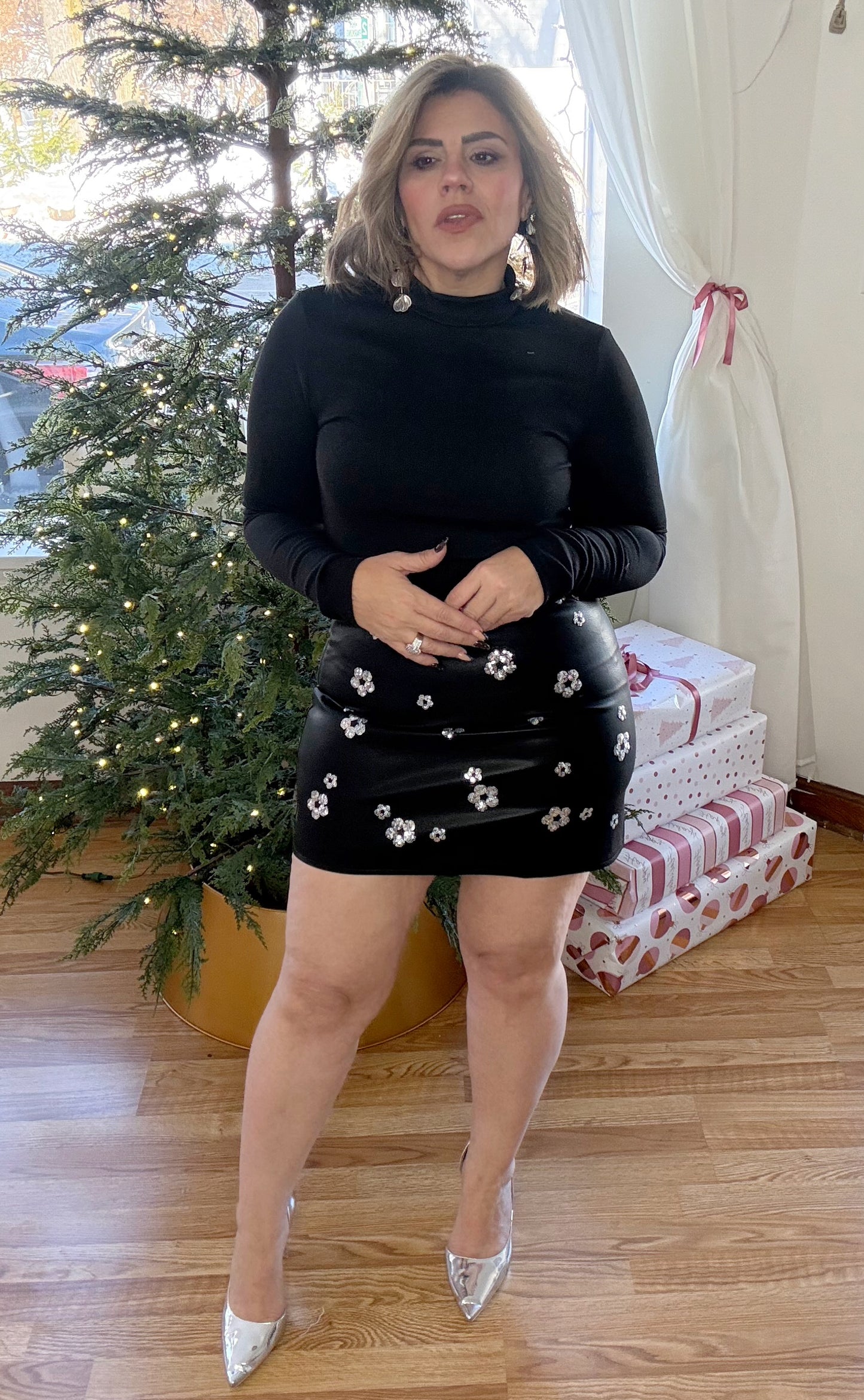 Sequin Daisy Leather Mini Skirt