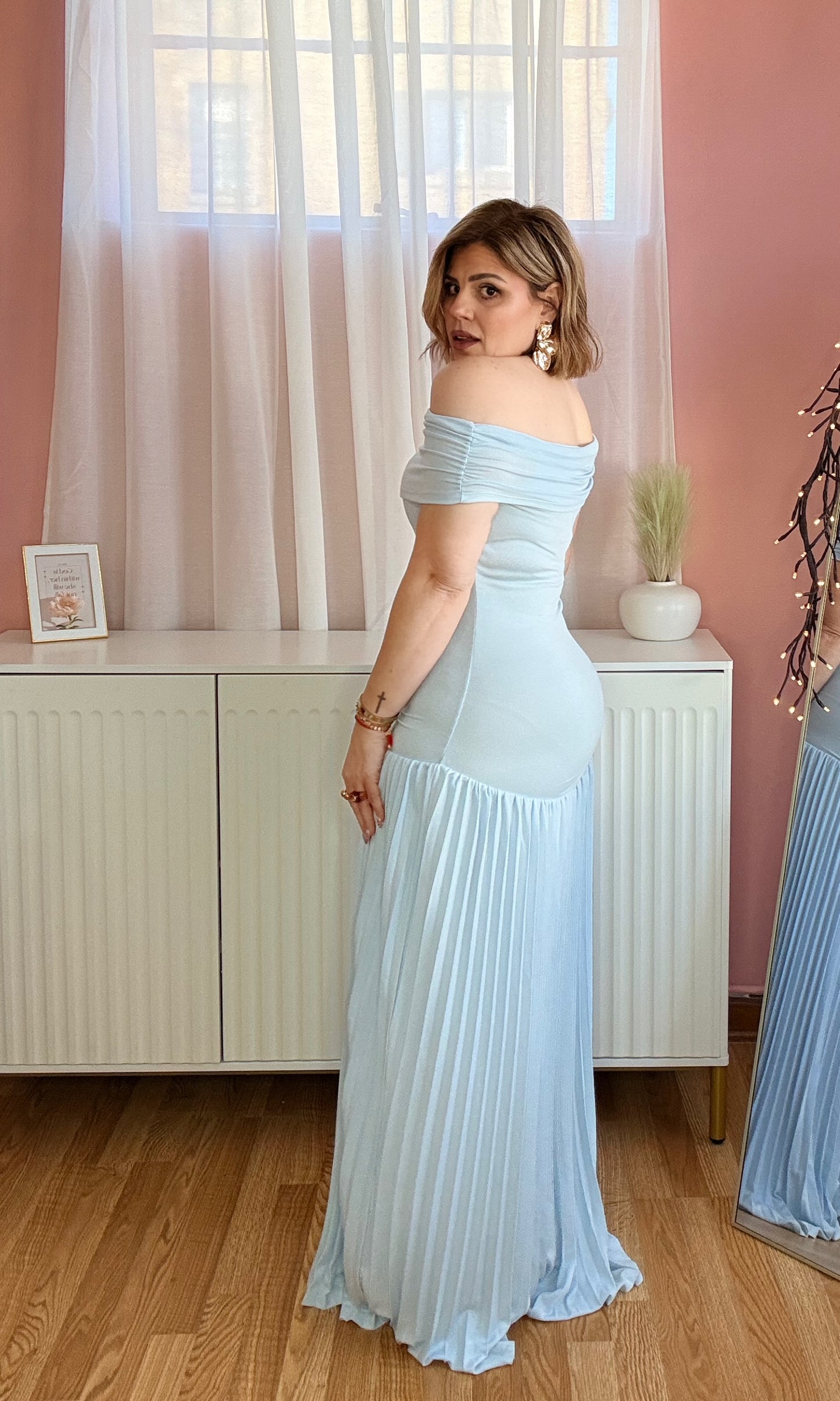 The Celeste Off-Shoulder Pleated Maxi Dress