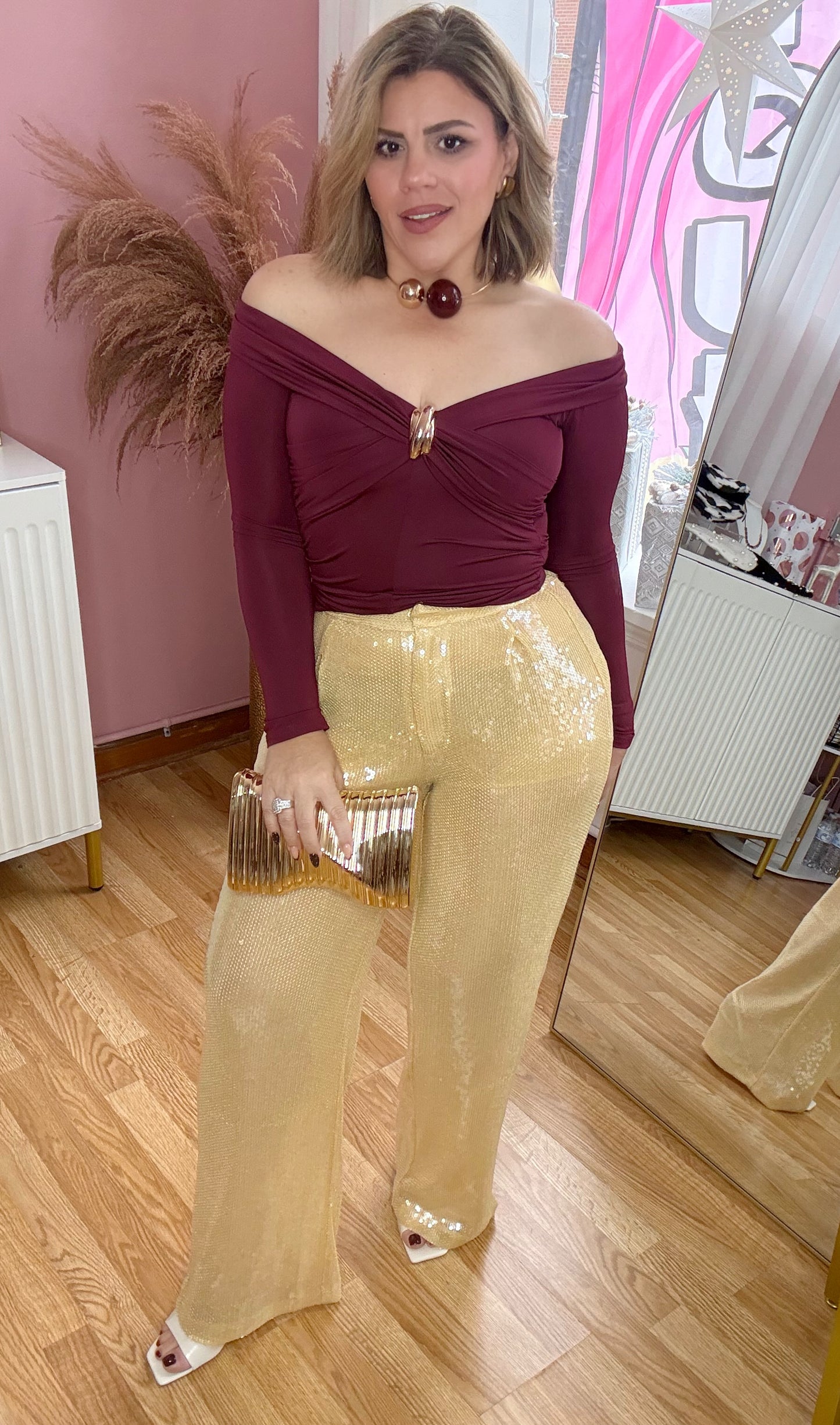 Golden Wine Luxe Off-Shoulder Knot Top