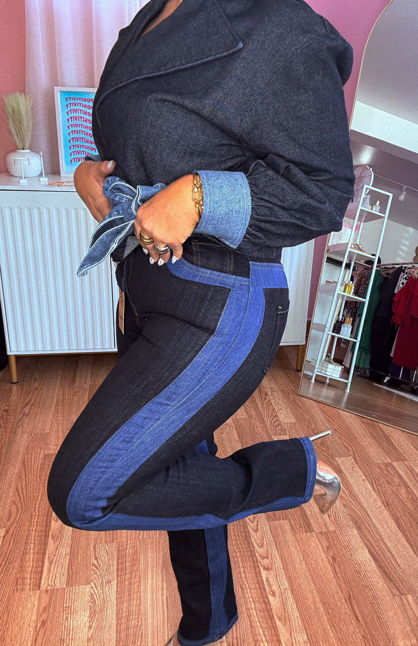 Two Tone High Rise Dark Denim Jeans