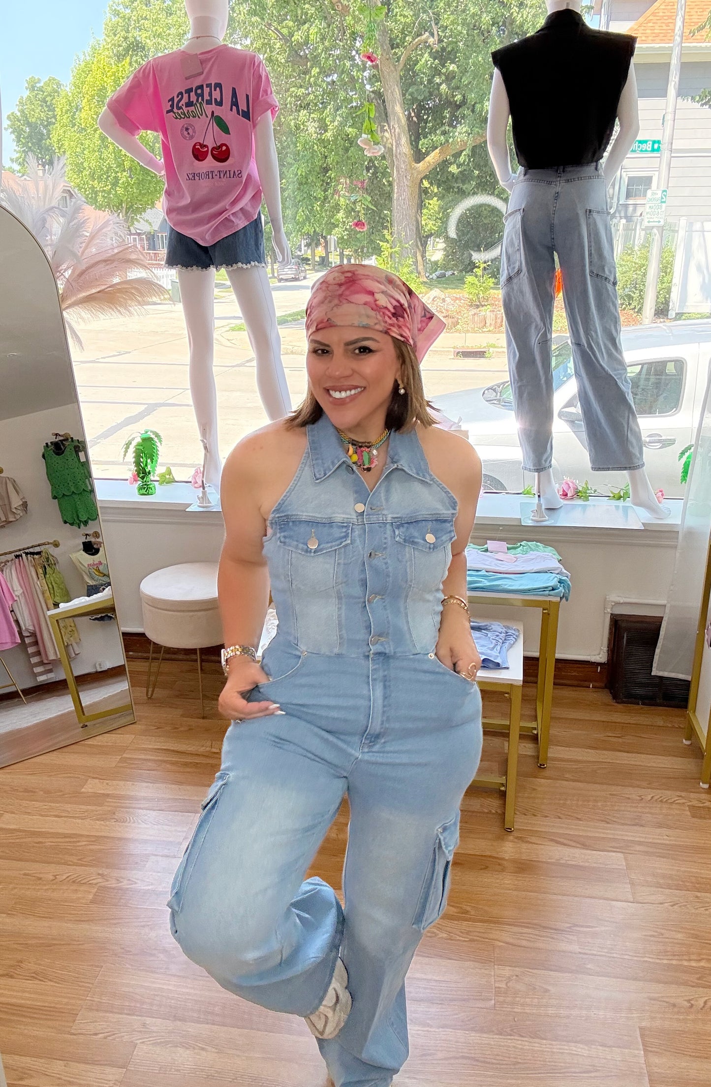 Denim Halter Neck Wide-Leg Jumpsuit