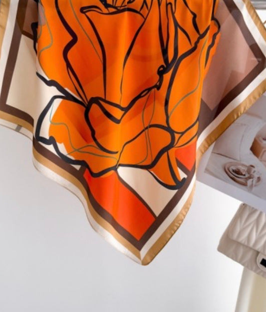 Orange Floral Satin Scarf