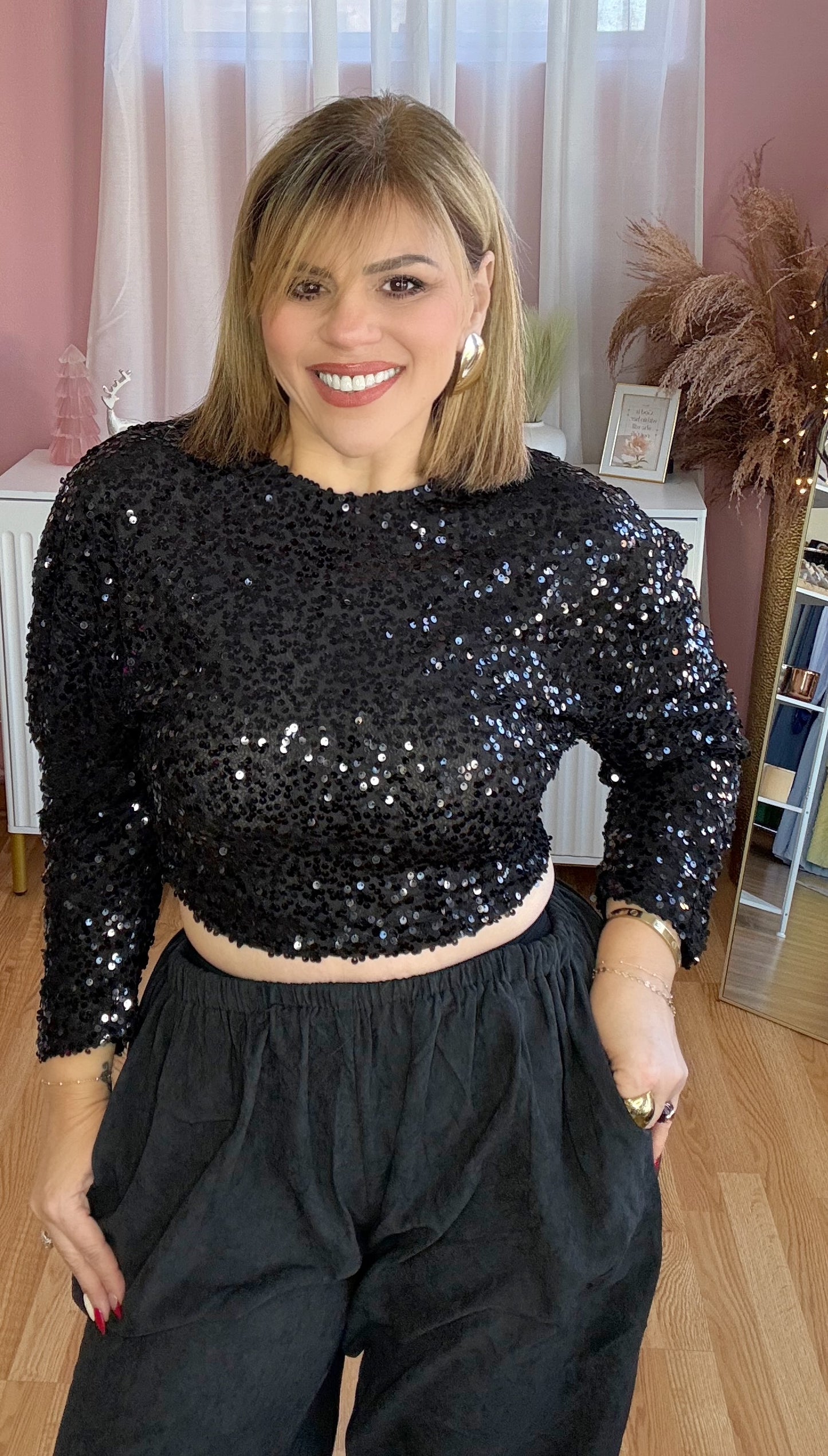 Black Sequin Cropped Top