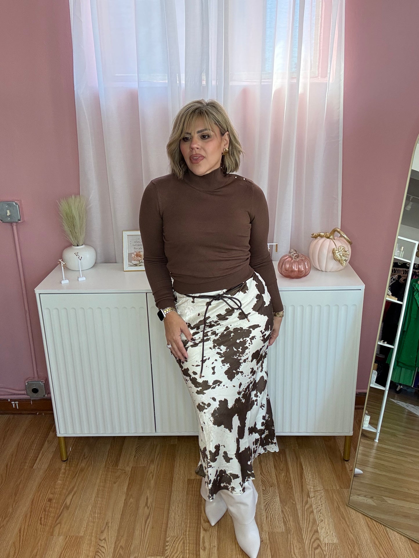 Cowprint Satin Maxi Skirt with Leather Cord Belt