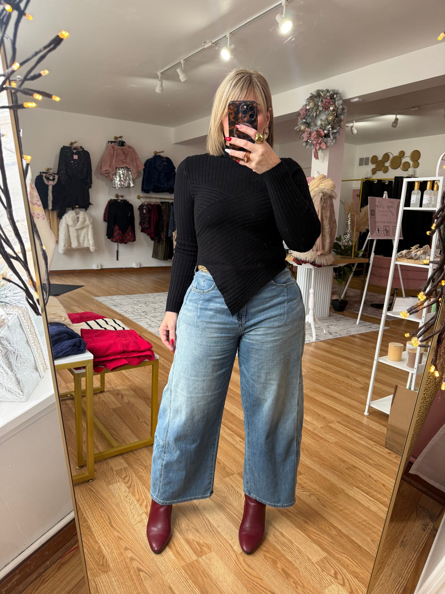 Fine Gauge Asymmetrical Mock Neck Top – Black