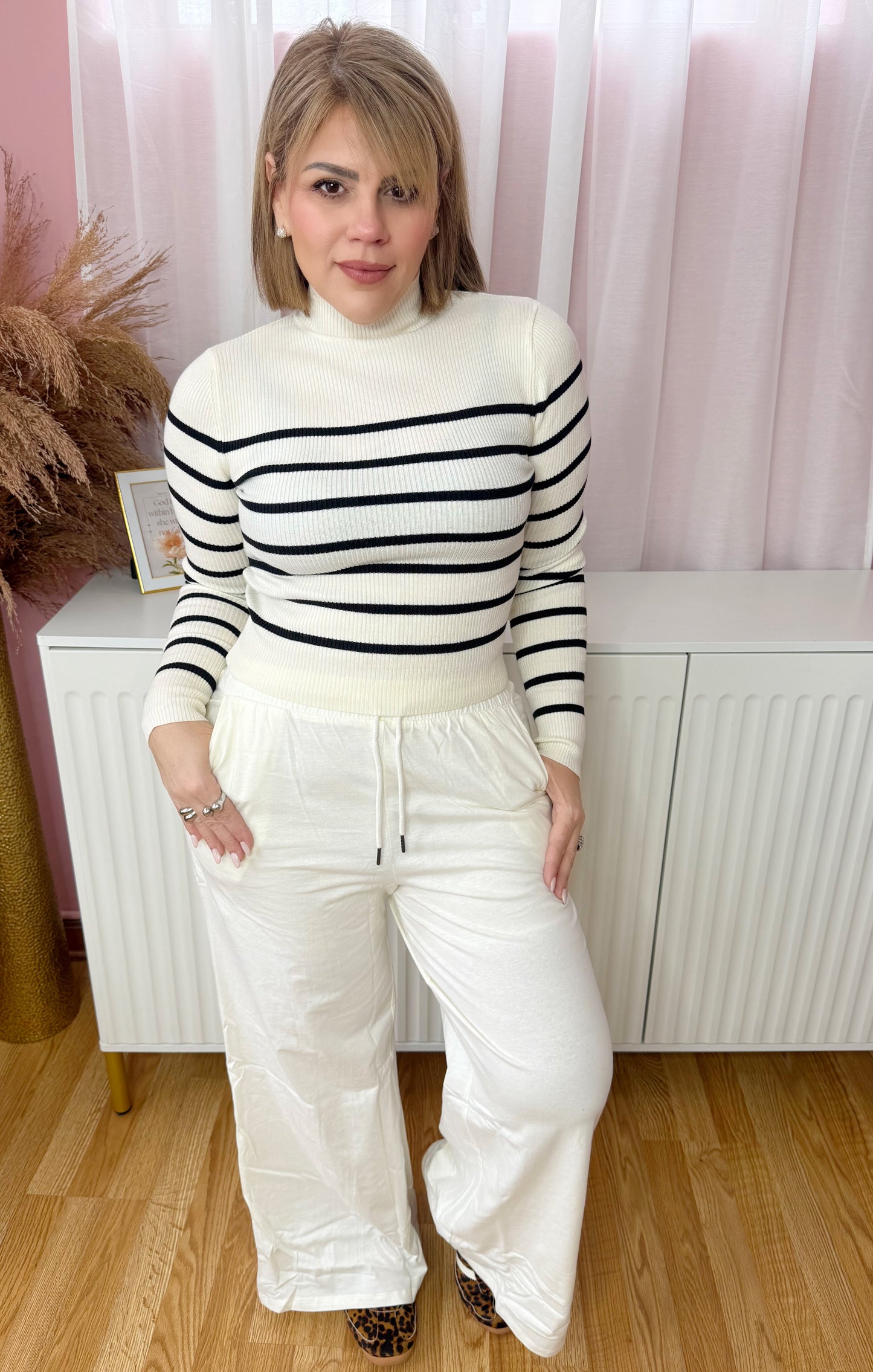 Ivory & Black Striped Mock Neck Knit Top