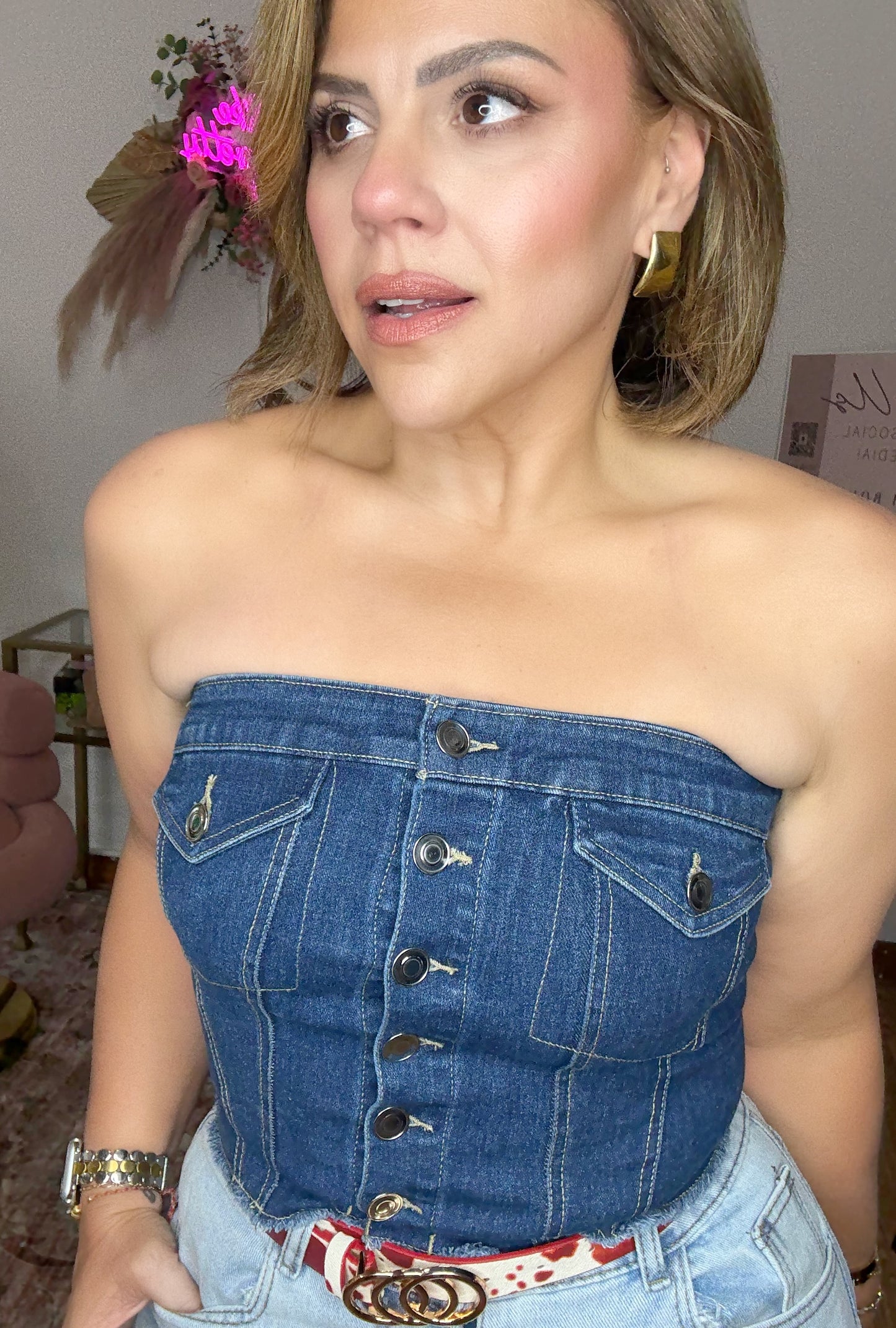 Dark Denim Strapless Bustier Top