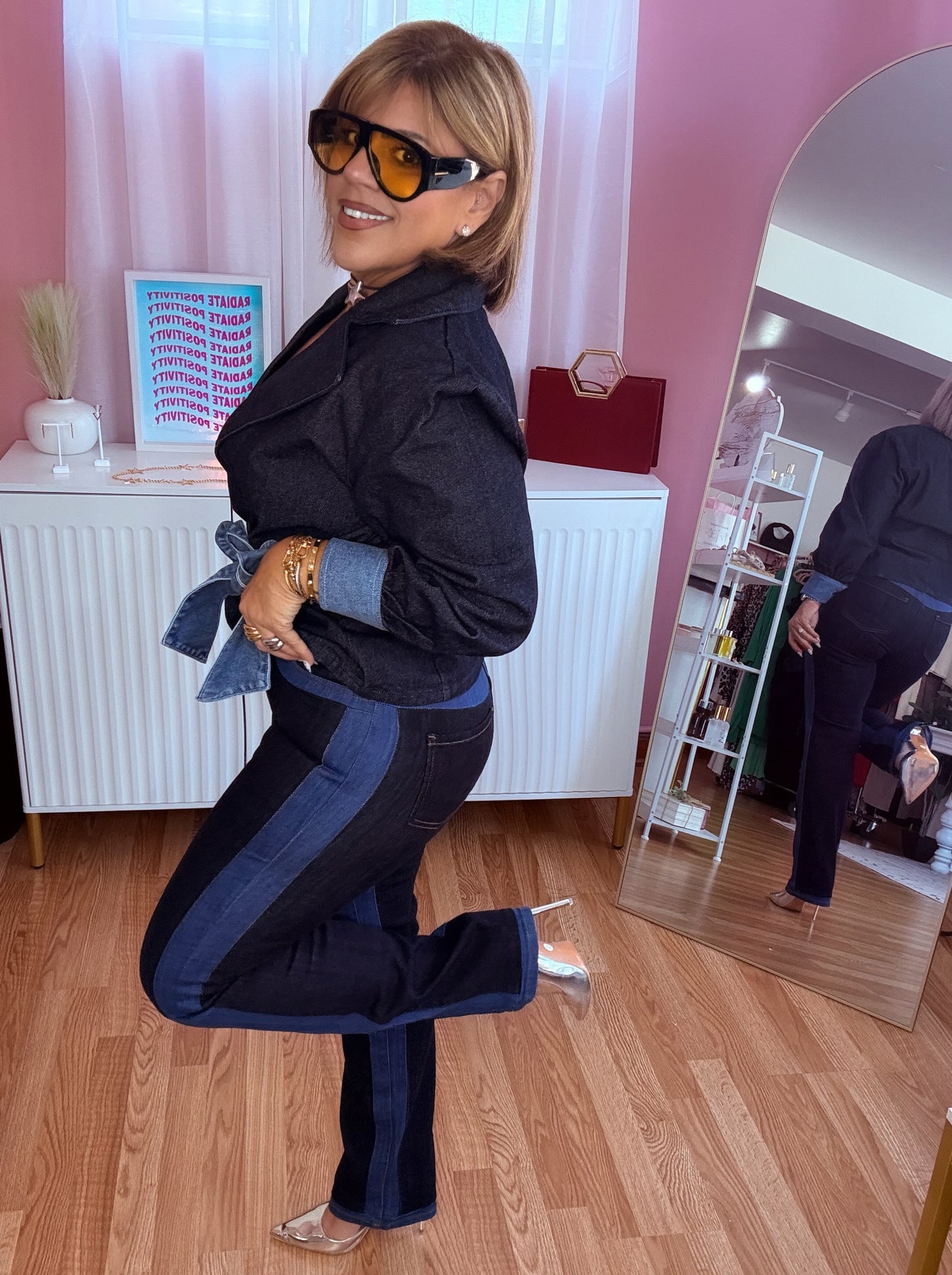 Two Tone High Rise Dark Denim Jeans