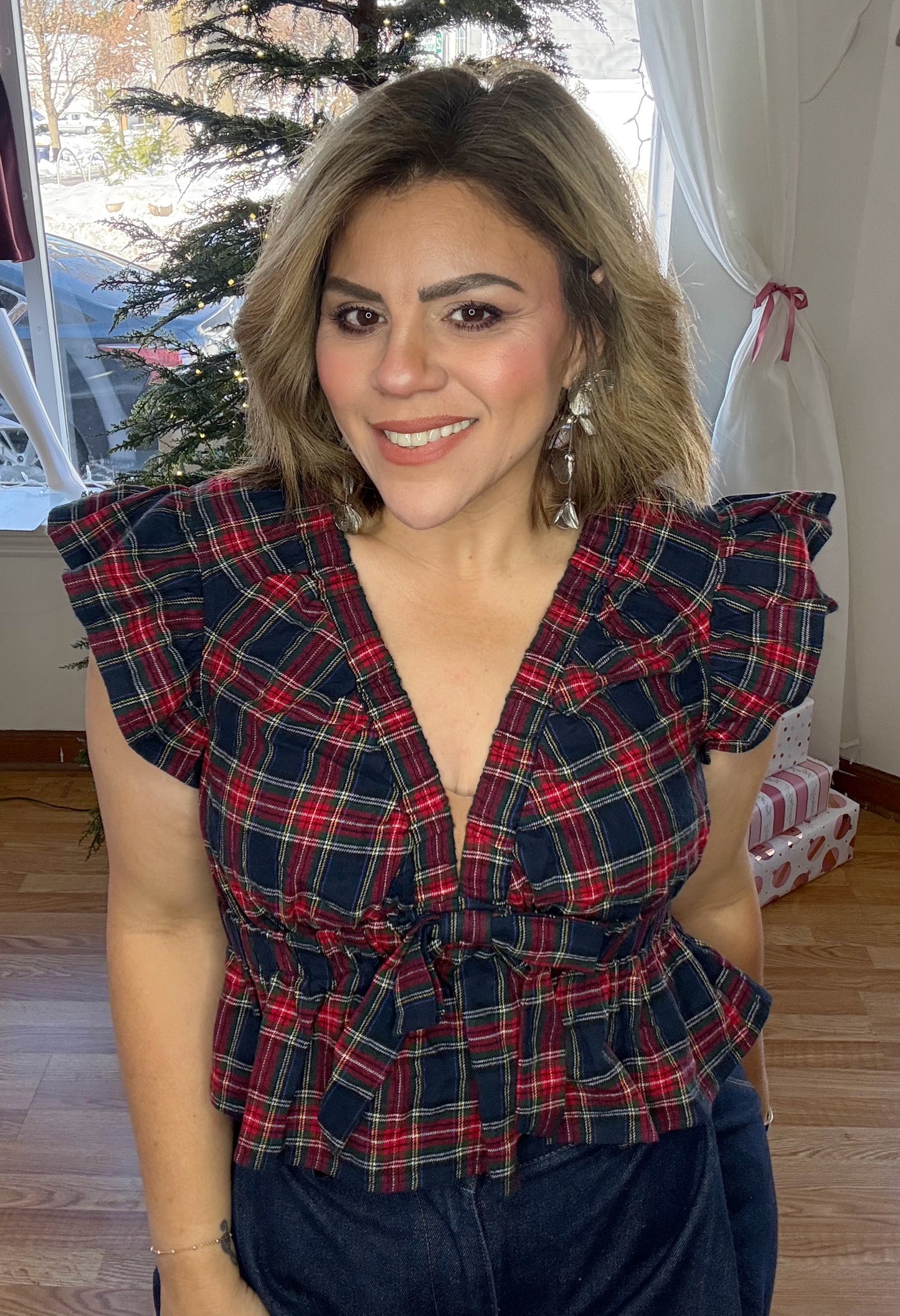 Navy Plaid Peplum Top with Ruffle Sleeves & Front Bow