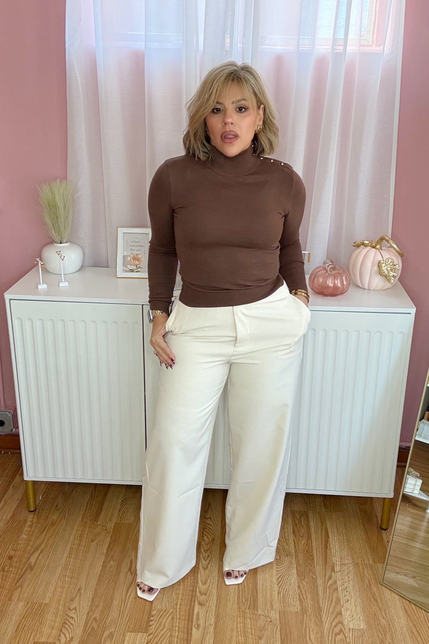 Chocolate Studded Mock Neck Sweater