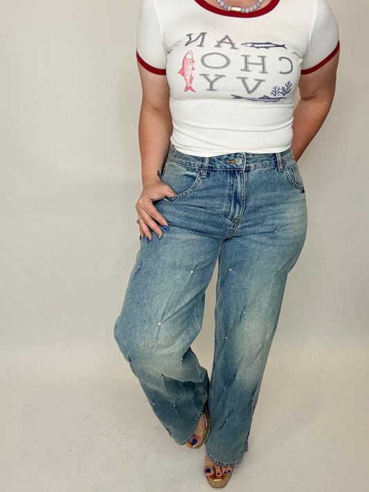 Stud Detail Wide Leg Jeans