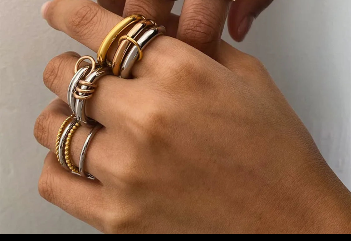 Stainless Steel Zircon 18K Gold Plated Inlay Rings – Silver, Gold & Two-Tone Stacking Styles