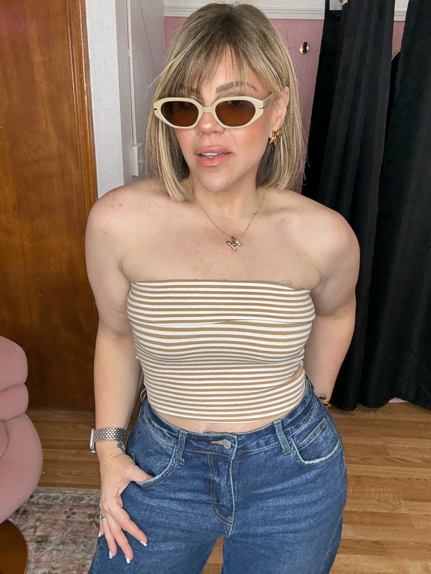 Rebecca Stripes Top In Khaki/White