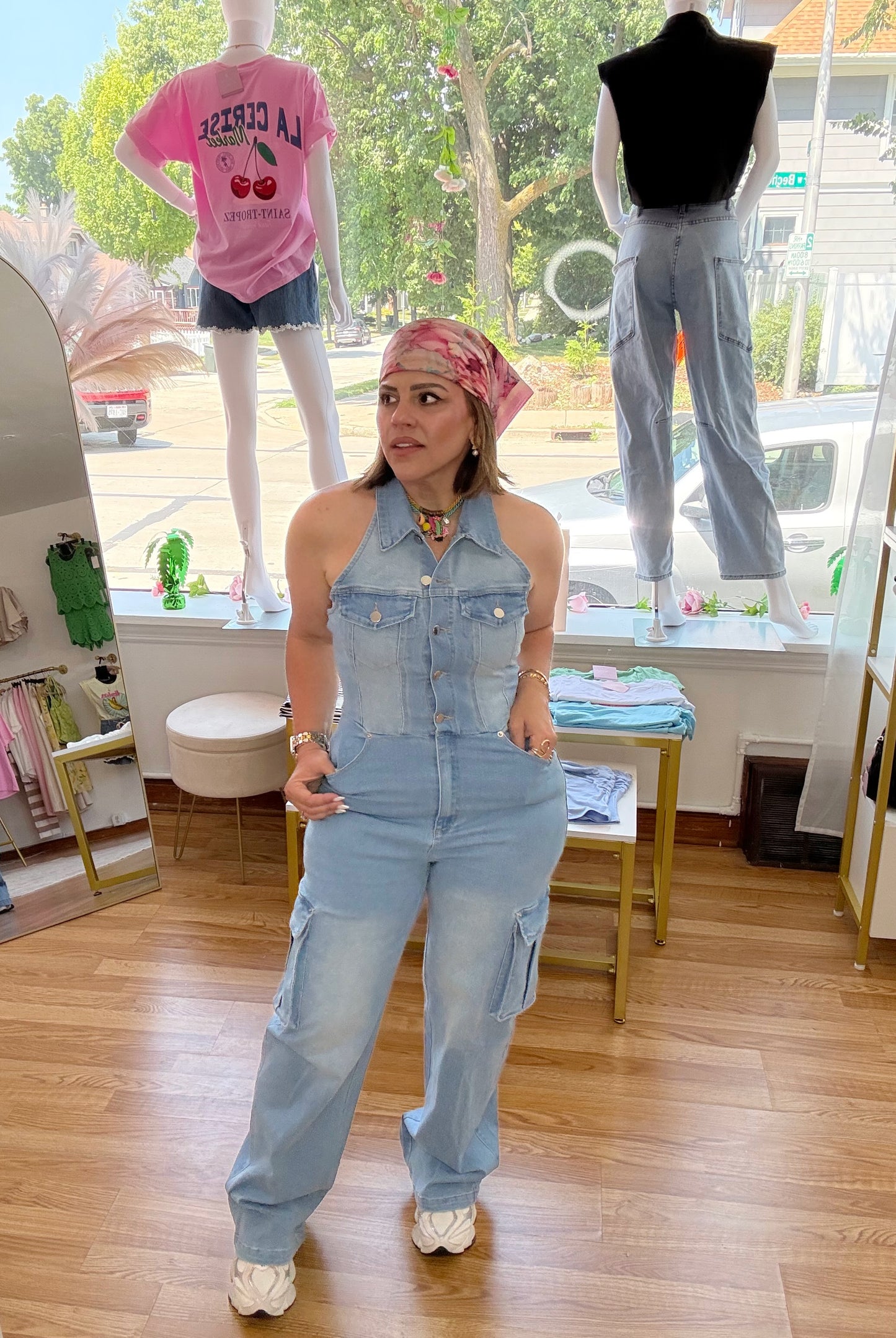 Denim Halter Neck Wide-Leg Jumpsuit