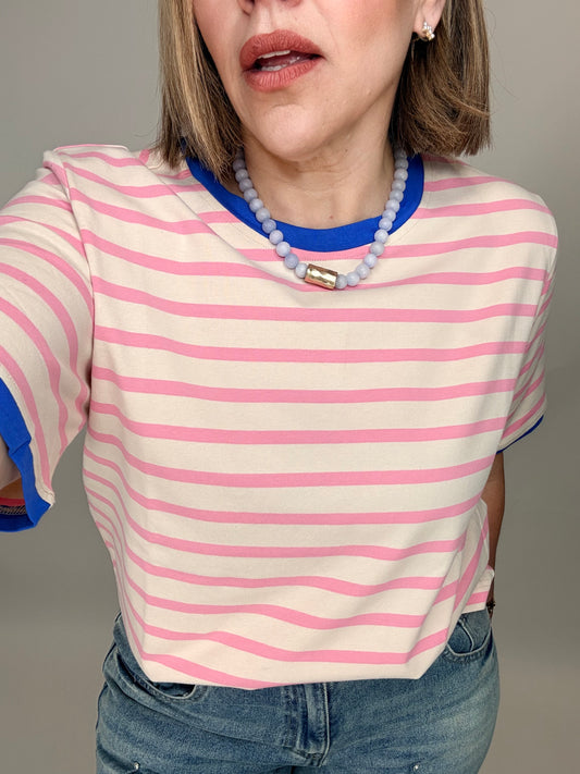 Pink Stripe Contrast Tee