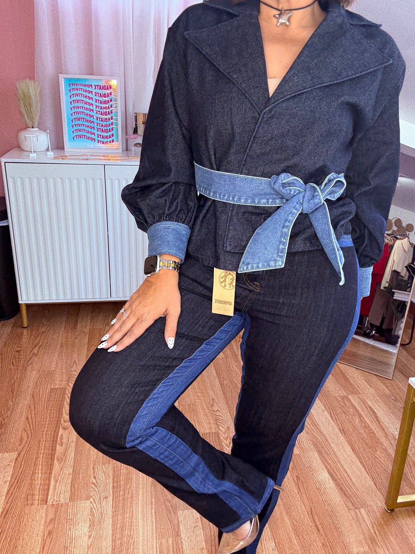 Two Tone High Rise Dark Denim Jeans