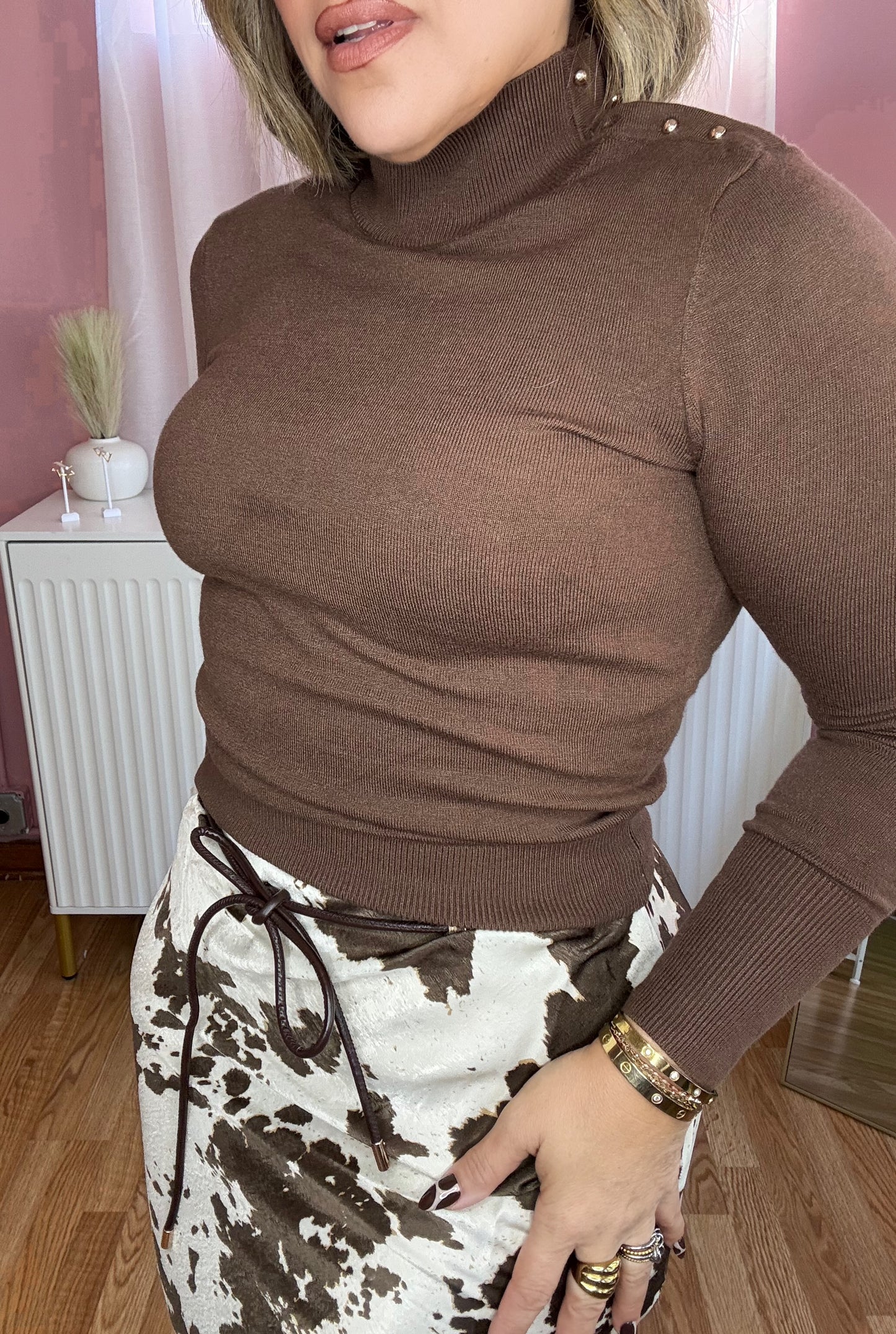 Chocolate Studded Mock Neck Sweater