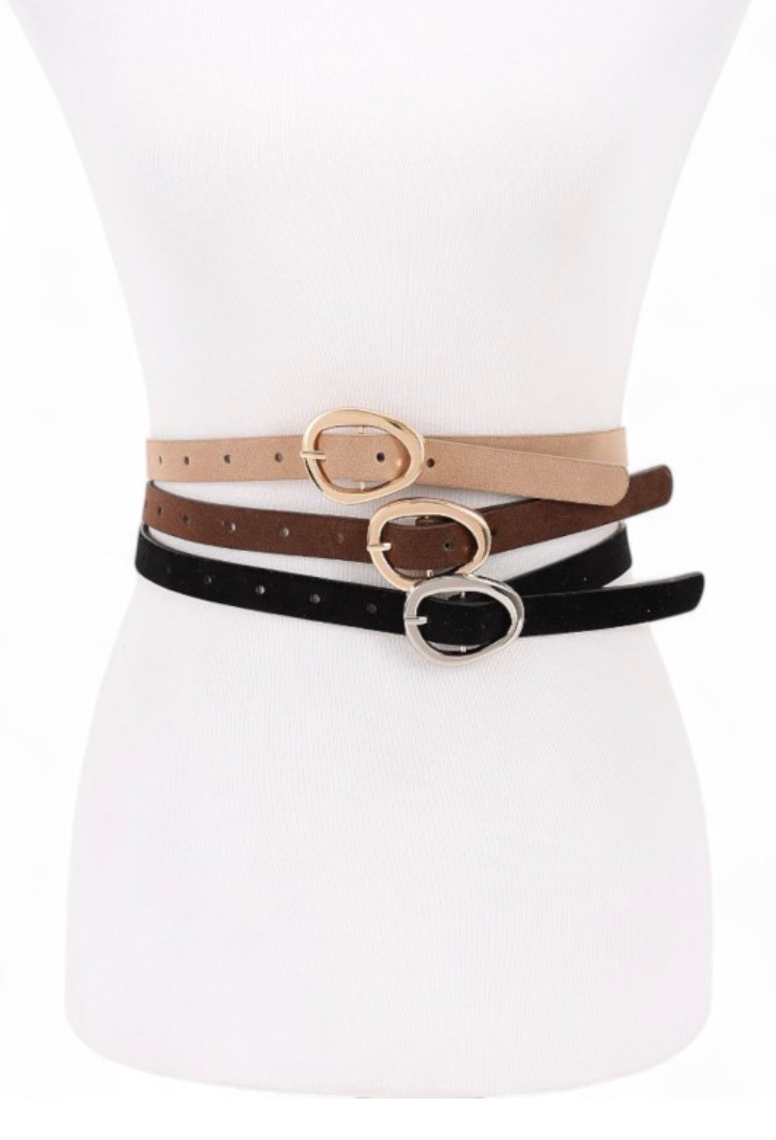 3-in-1 Foxway Skinny Belt Set — Brown, Black & Cream