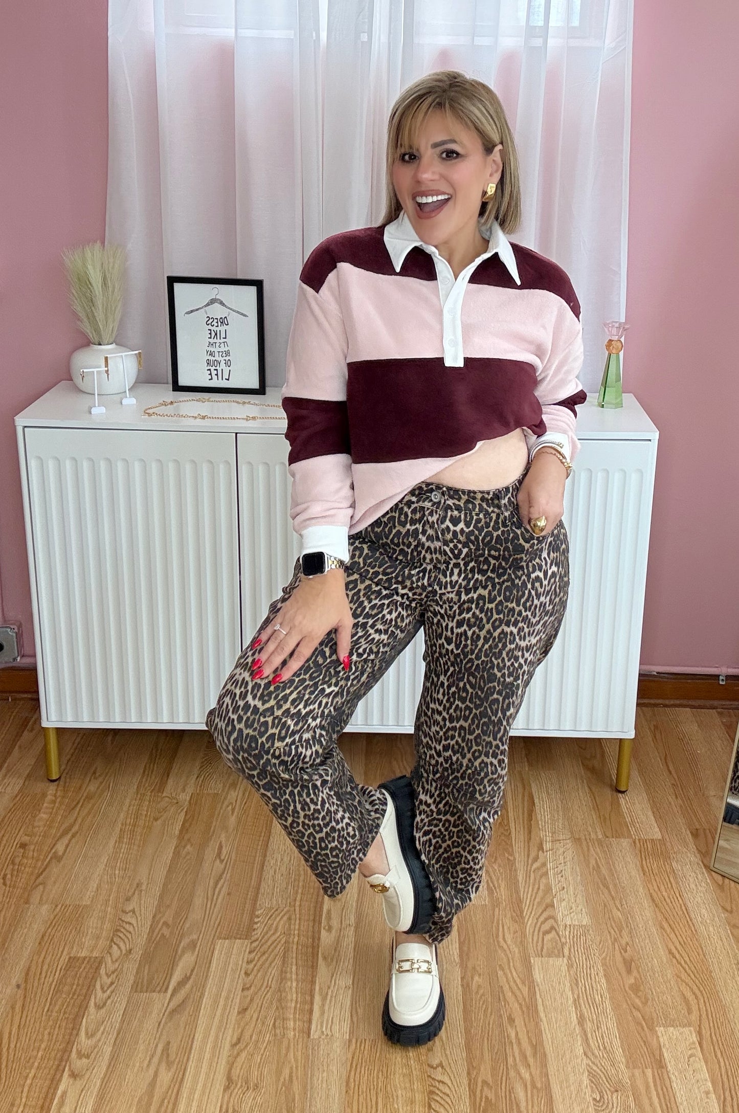 * LAST MEDIUM* Pink & Burgundy Rugby Striped Fleece Polo