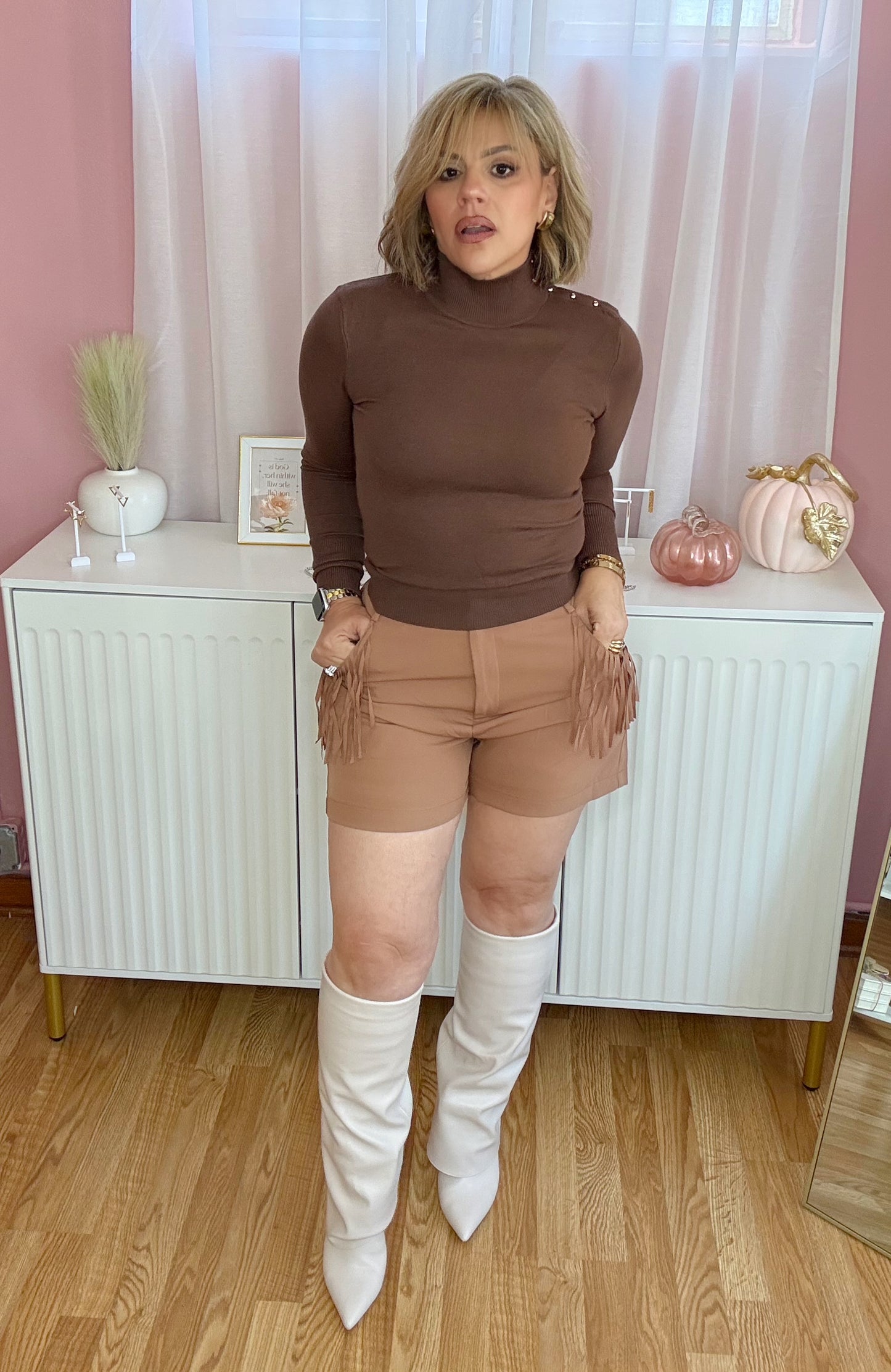 Chocolate Studded Mock Neck Sweater