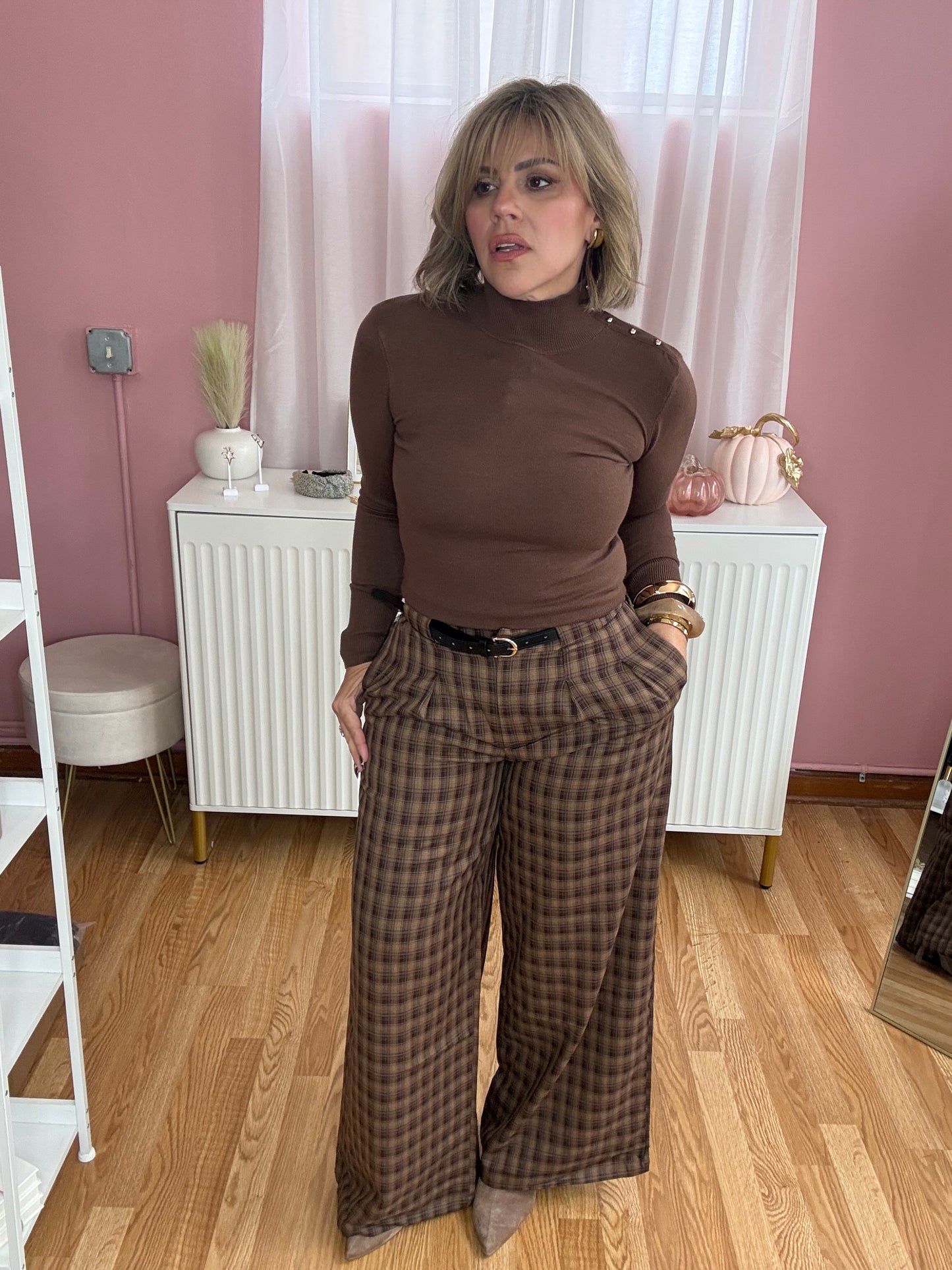 Belted Plaid Trousers