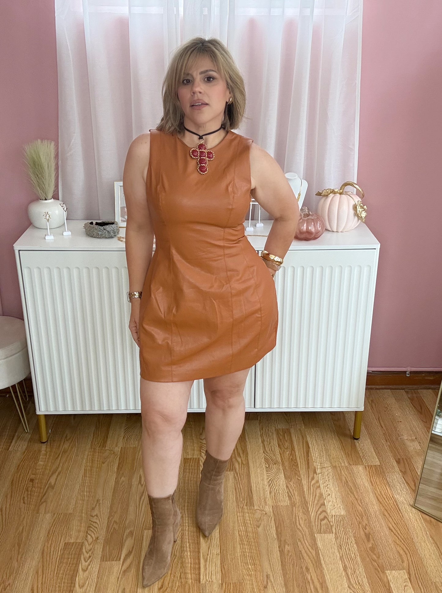 Camel Vegan Leather Short Dress