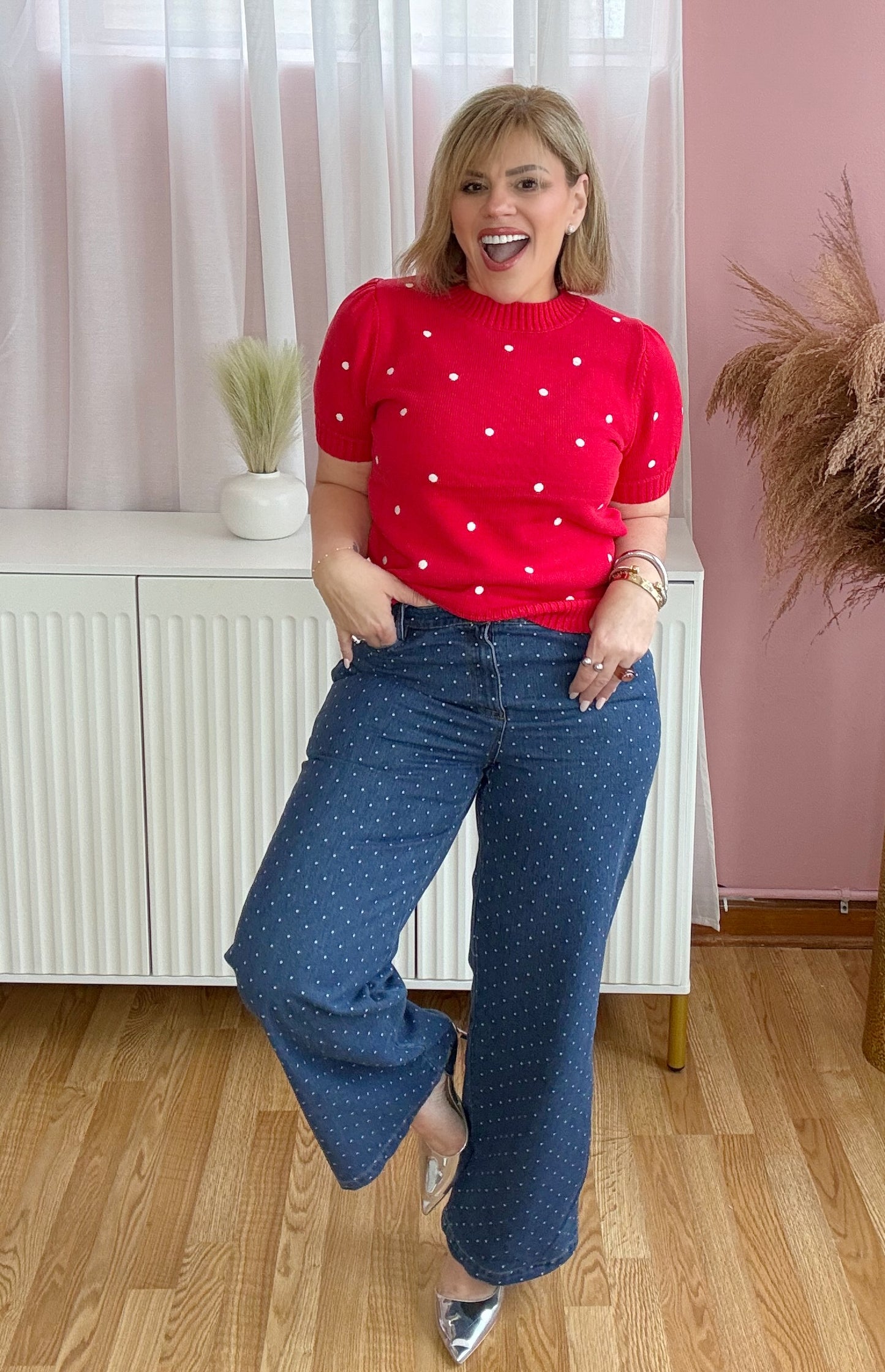 Polka Dot High-Waisted Denim Jeans