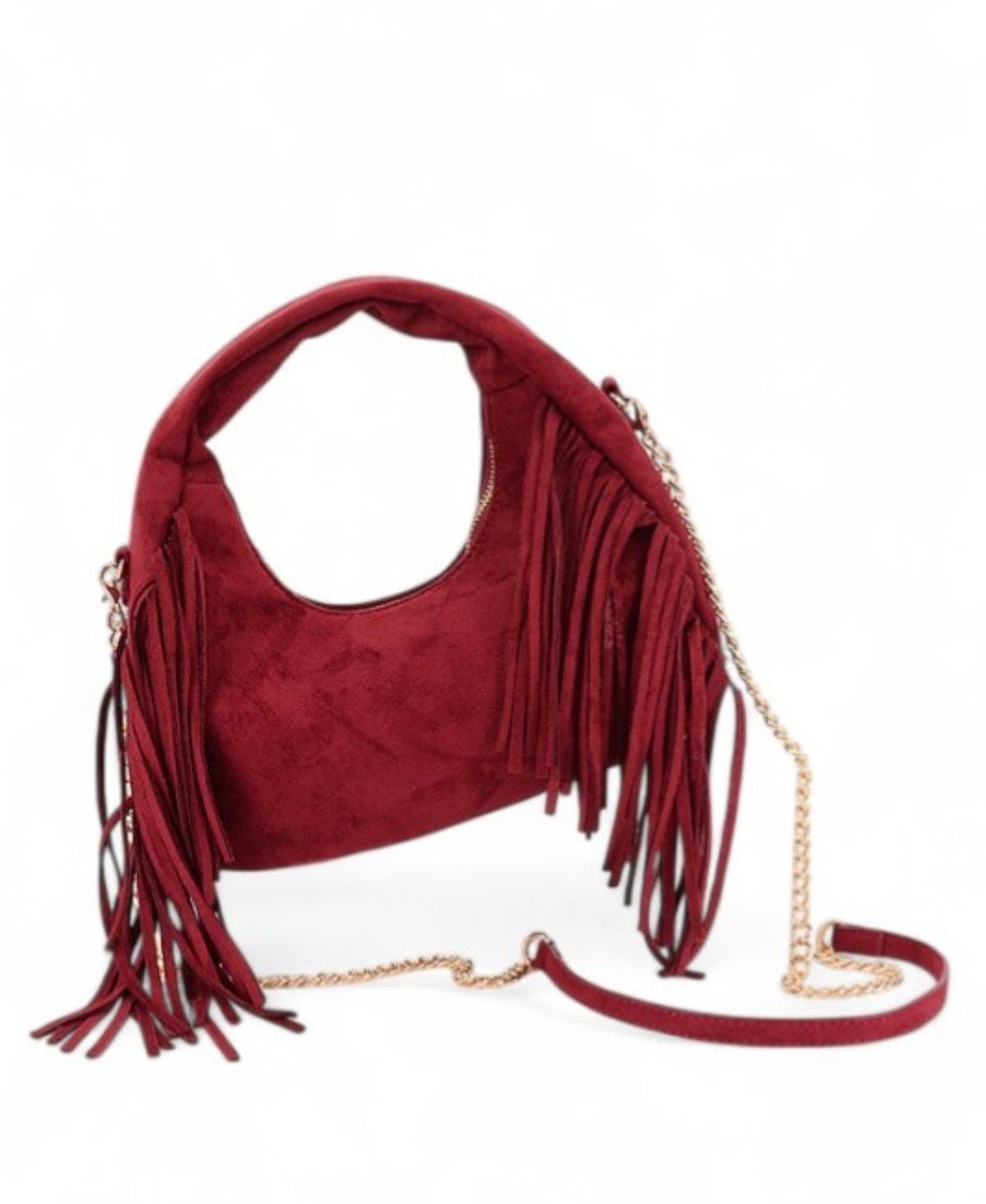 Burgundy Faux Suede Fringe Shoulder Bag