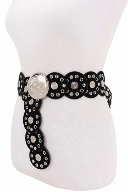 Engraved Round Buckle Studded Western Belt