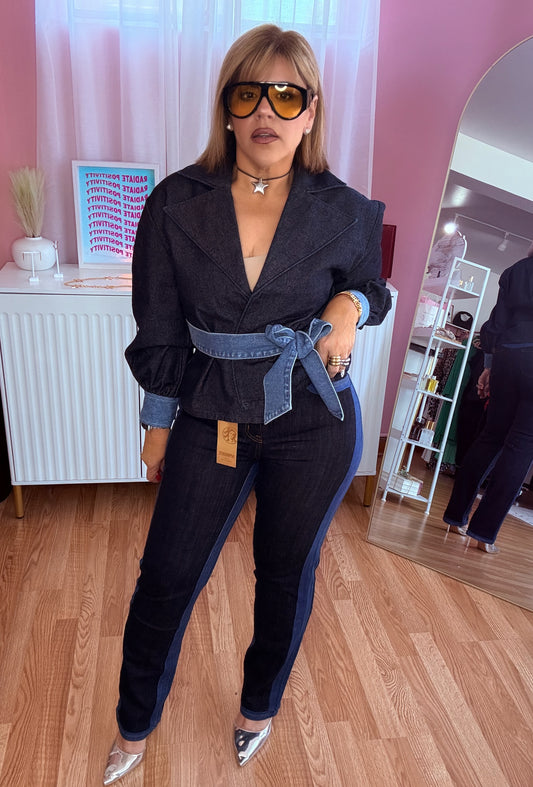 Two Tone High Rise Dark Denim Jeans