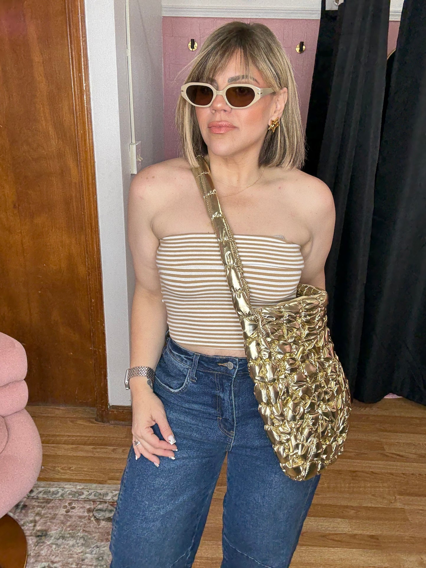 Rebecca Stripes Top In Khaki/White