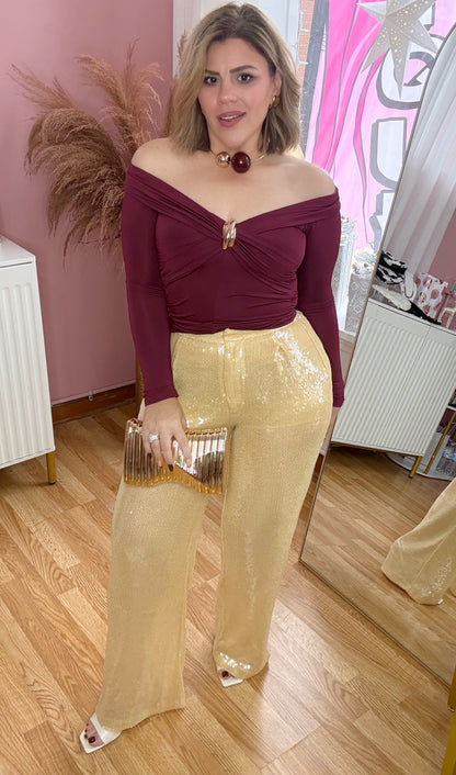 Golden Wine Luxe Off-Shoulder Knot Top