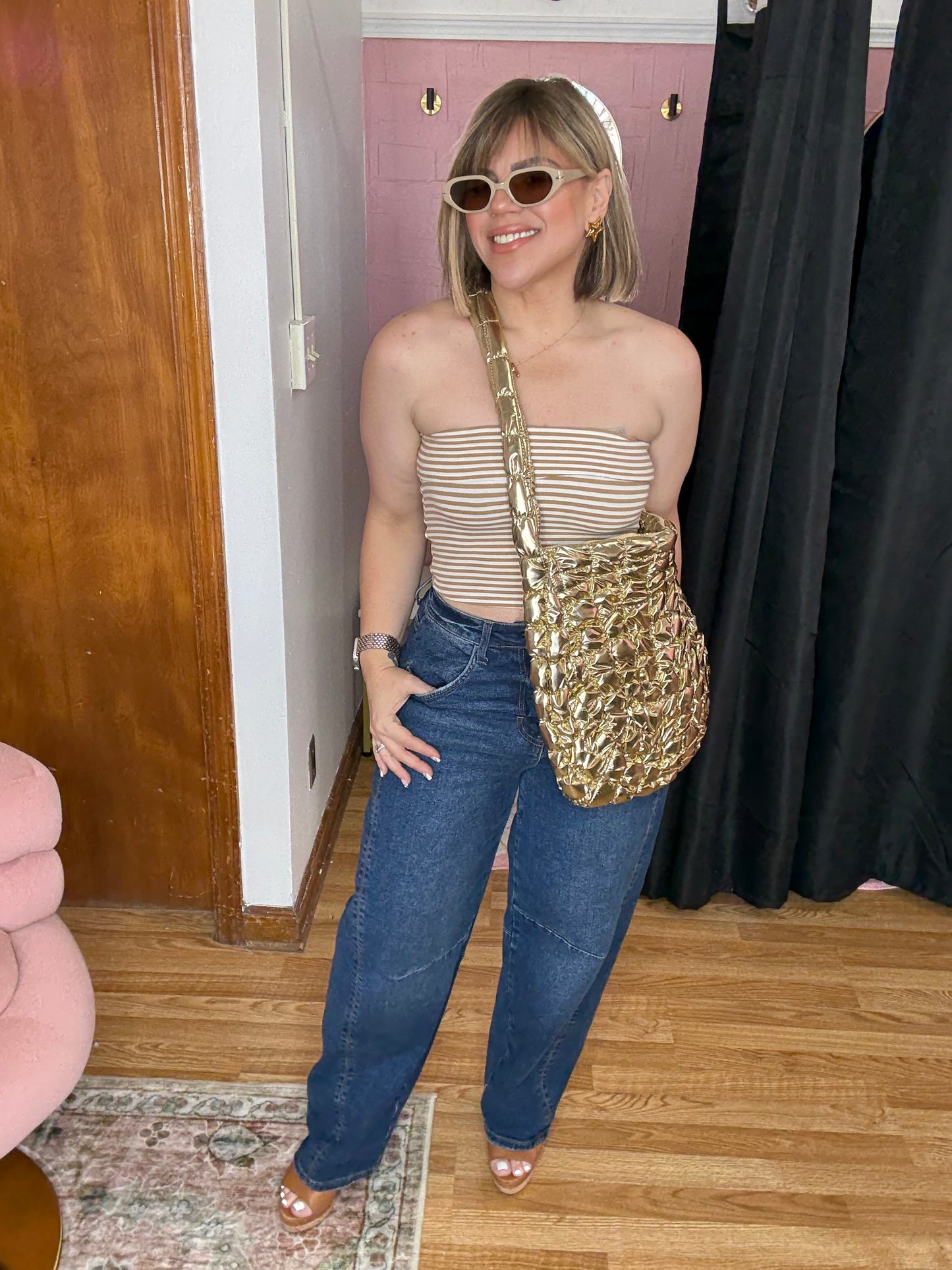 Rebecca Stripes Top In Khaki/White