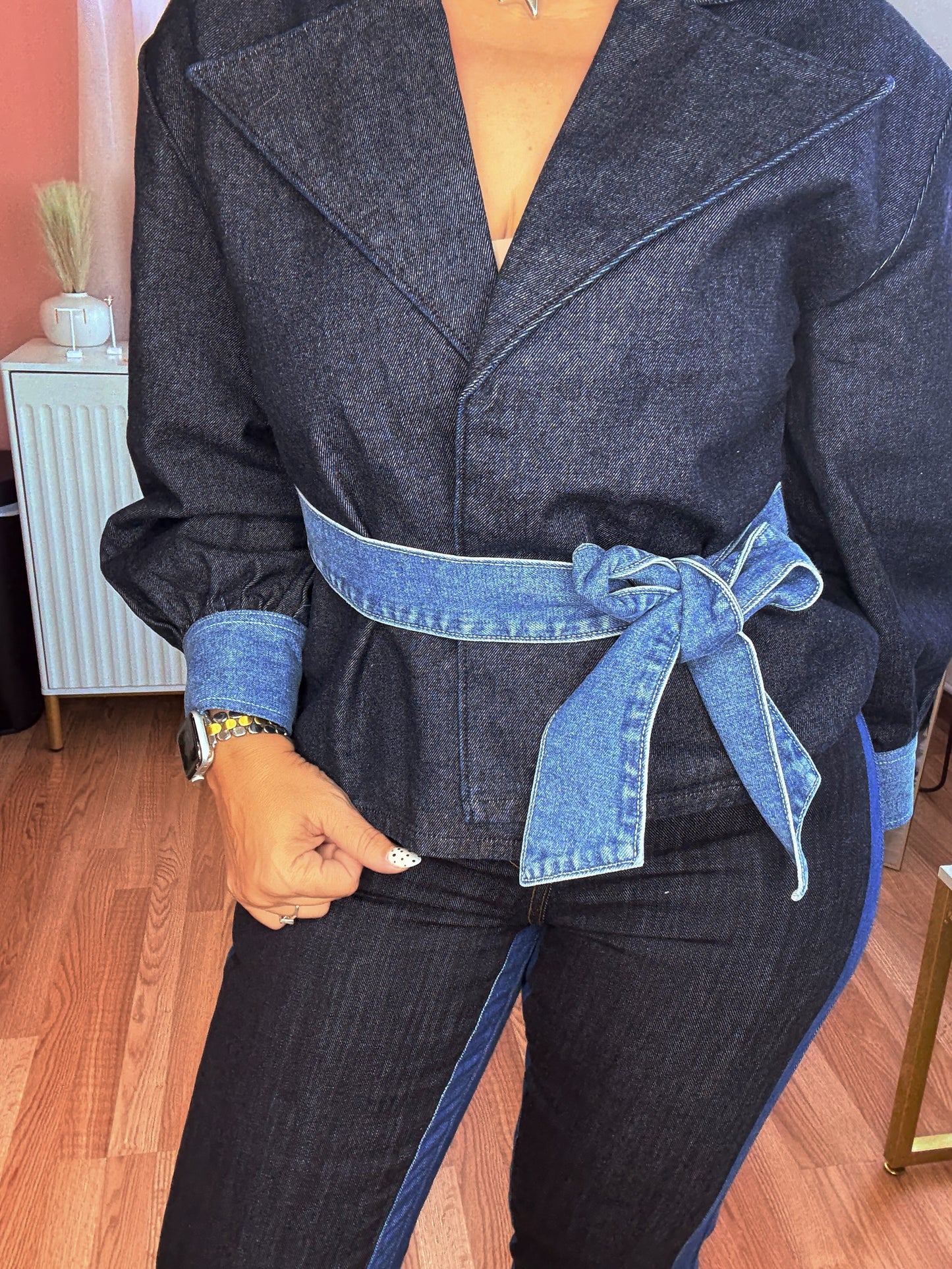 Trendy Dark Denim Long Sleeve Top – Slim Fit, Chic Style