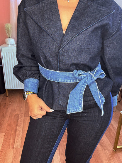 Trendy Dark Denim Long Sleeve Top – Slim Fit, Chic Style