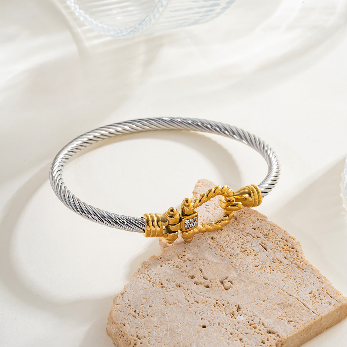 18K Gold Plated Geometric Stainless Steel Bangle – Silver, Gold & Two-Tone Waterproof Bracelet
