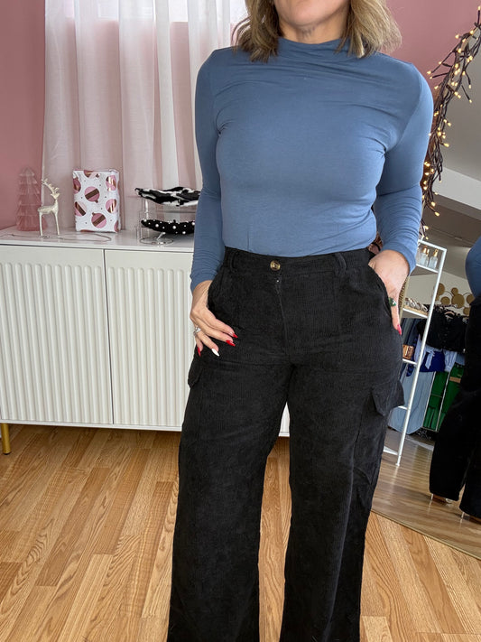 Black Wide-Leg Corduroy Pants