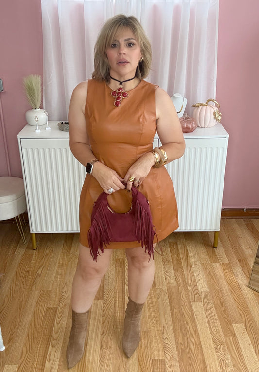 Camel Vegan Leather Short Dress