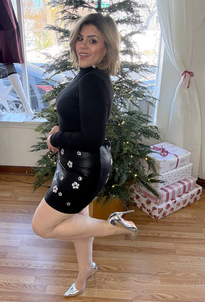 Sequin Daisy Leather Mini Skirt