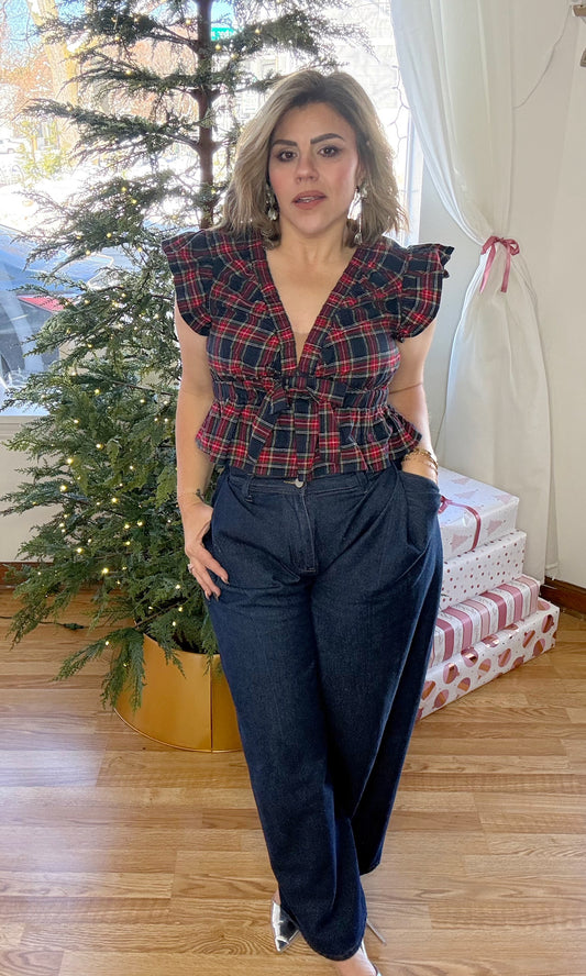 Navy Plaid Peplum Top with Ruffle Sleeves & Front Bow