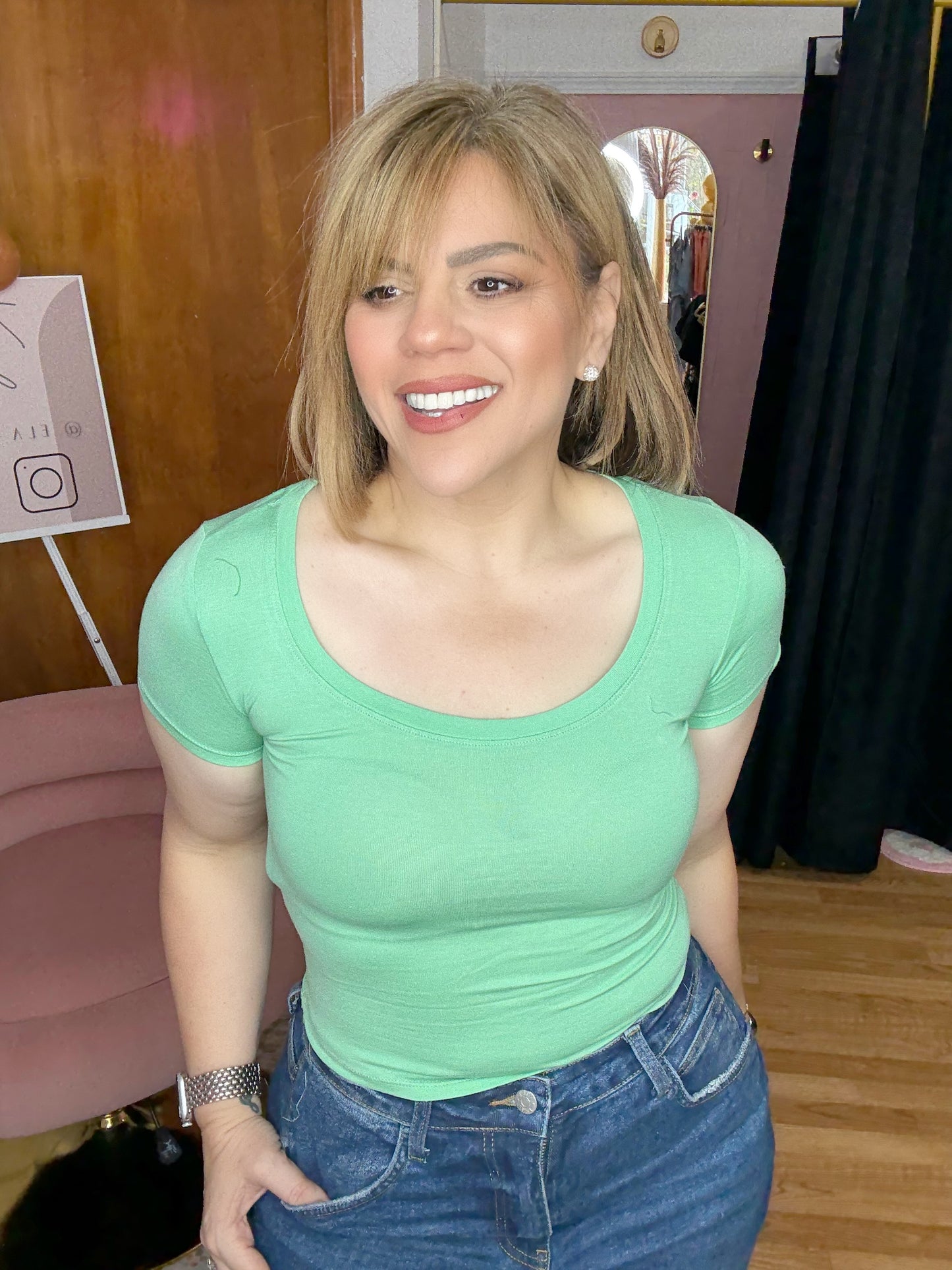 Basic Short Sleeve Top In Green