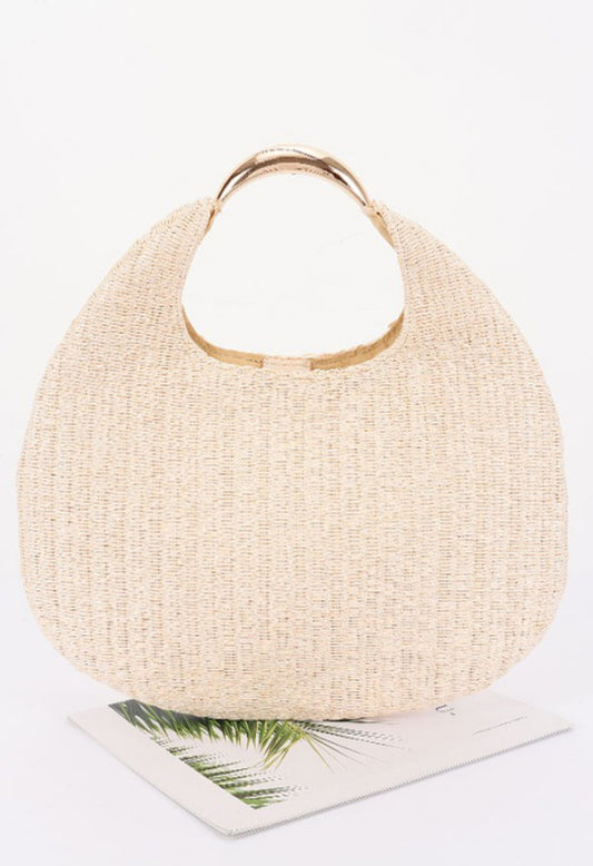 Faux Straw Metal Handle Hobo Bag