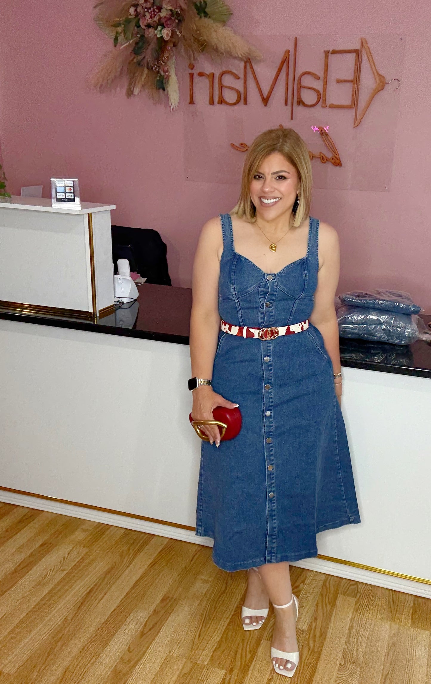 “Denim Darling” Sweetheart Buttoned Skater Midi Dress