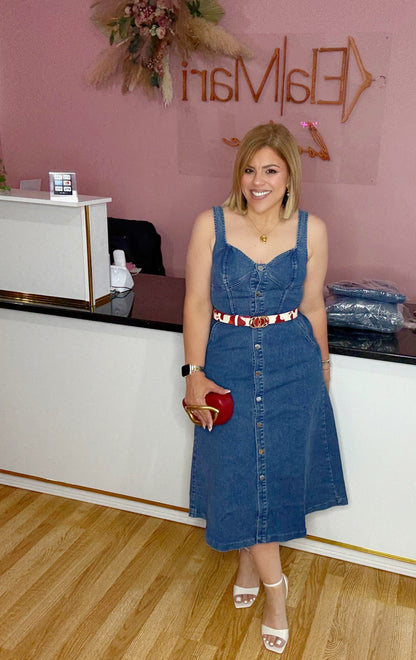“Denim Darling” Sweetheart Buttoned Skater Midi Dress