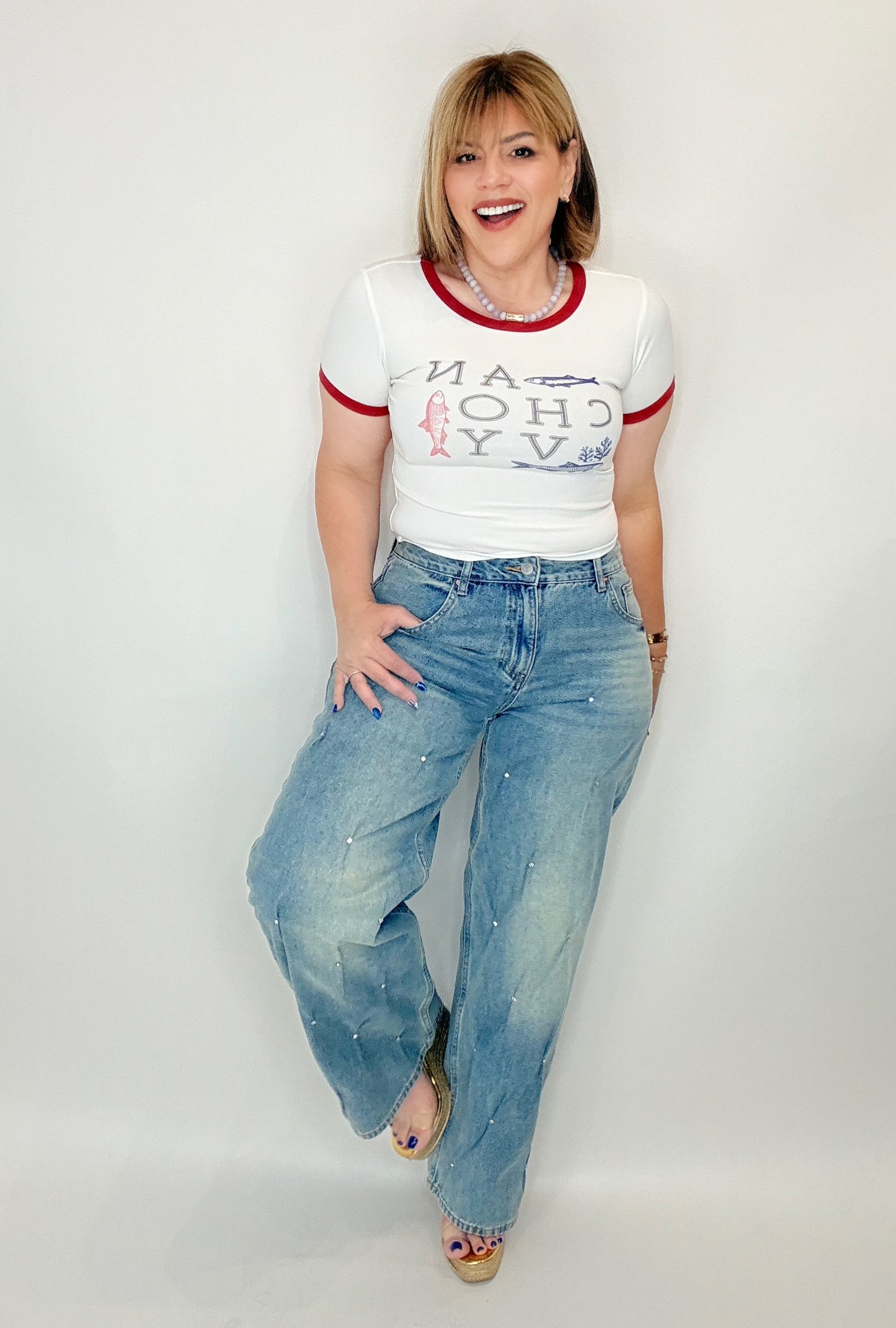 Stud Detail Wide Leg Jeans
