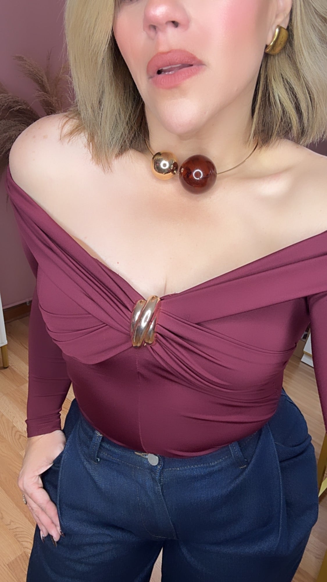 Gold Choker Necklace with Burgundy & Gold Spheres