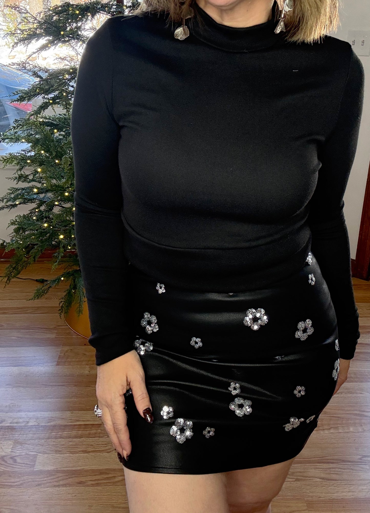 Sequin Daisy Leather Mini Skirt