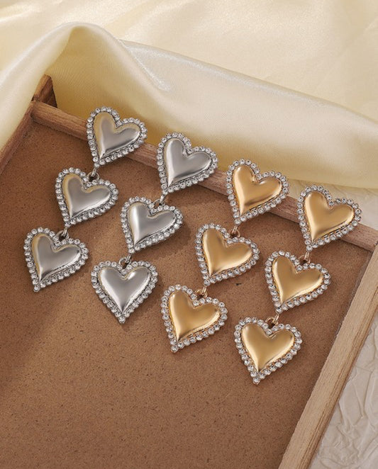 Silver Rhinestone Heart Dangle Earrings
